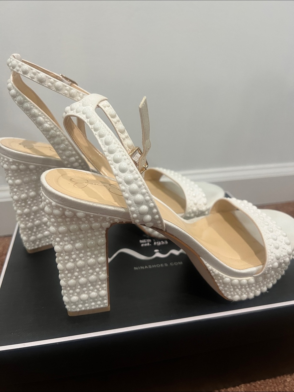 Jessica Simpson White Pearl-Stud Block Heel Sandal